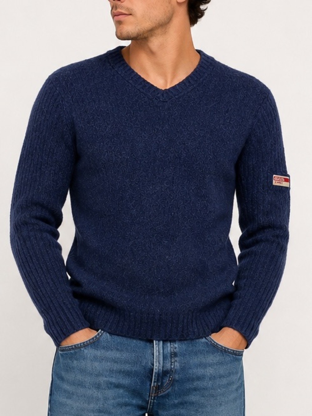 Men's V-Neck Navy Cable Knit Sweater 80% lambswool